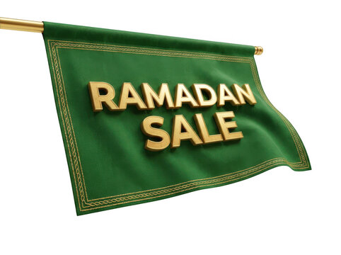 Green ramadan sale flag with gold text isolated on transparent background