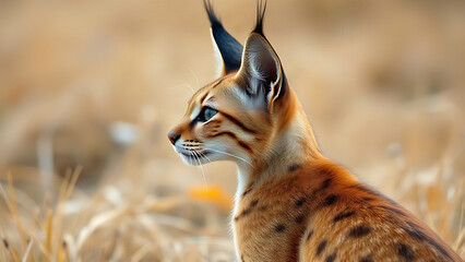 Caracal cat with long black ear tufts in profile, African wild feline and wilderness concept