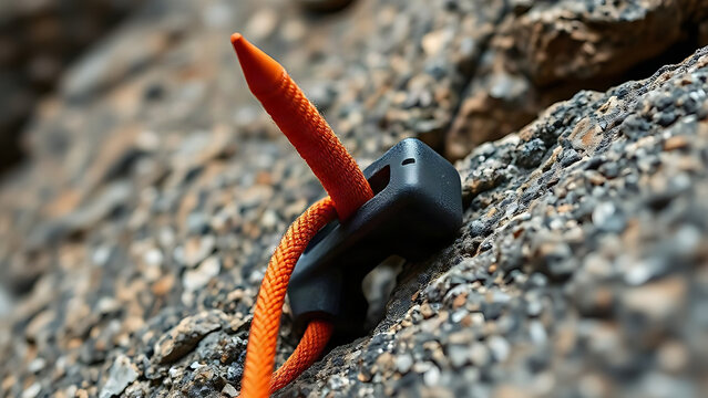 Close-up of a climbing piton driven into granite with an orange sling looped through it.