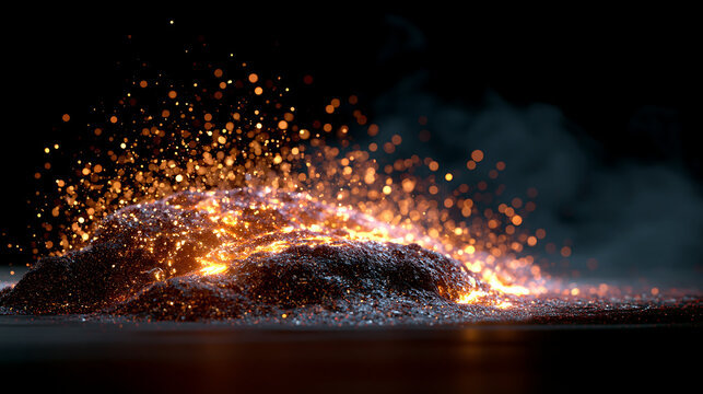 glowing orange embers scattered across dark textured ground creating a dramatic abstract fire pattern and warm smoldering night time atmosphere concept