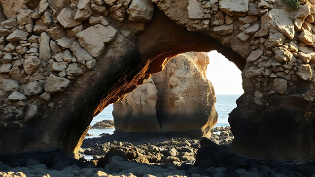 Natural stone archway on a rocky coastline under dramatic light, serene and powerful.