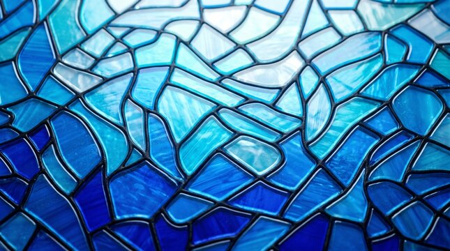 Luminous Blue Stained Glass Mosaic Abstract Background &ndash; Oceanic Ice Texture and Geometric Pattern Concept