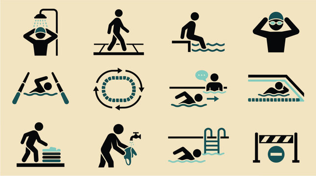 Swimming pool signs, icons and sport center symbols for public aquatic facility, water safety and fitness rules. Infographic set, shower and locker room with people training and healthy lifestyle