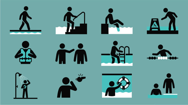 Swimming pool safety icons for public facility, aquatic center and leisure club rules. Signage, warning and regulation symbols for lifeguard, wet floor and water security at beach, park, hotel or gym