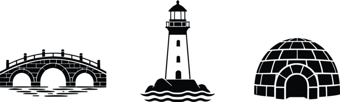 Illustrated icons of a lighthouse stone bridge and igloo design elements
