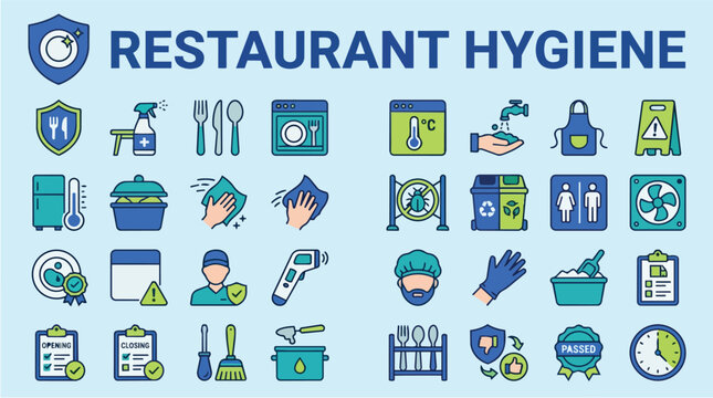 Restaurant hygiene icons, food safety and kitchen cleaning for cafe, catering and hospitality management. Service, industrial and professional sanitation with checklist, equipment and health tools