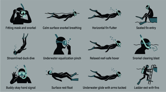 Snorkeling, scuba diving and swimming techniques for vacation, ocean safety and equipment manual. People, instructions and infographics with gear, underwater activity and training for sports health.