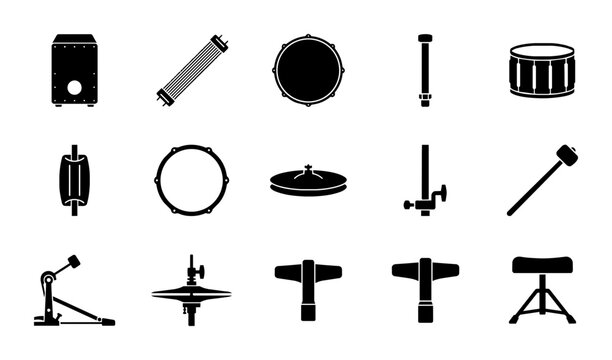 Drum Kit Icons Set, Percussion Instruments Vector Graphics, Musical Equipment Collection, Black and White Symbols for Music Performance and Studio