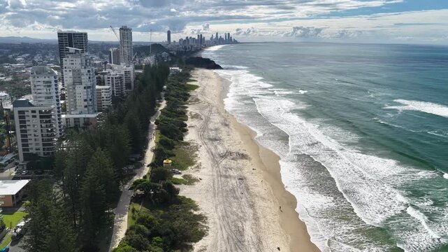 Burleigh Heads coastline from above with the headland and golden sand, Gold Coast, Queensland Australia