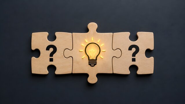 "Wooden puzzle pieces showing glowing lightbulb between question marks representing finding solutions"