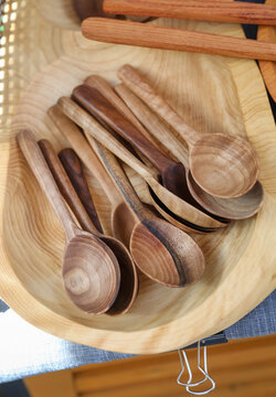 Wooden kitchen utensils, spoons. Household items, folk crafts. World tourism.