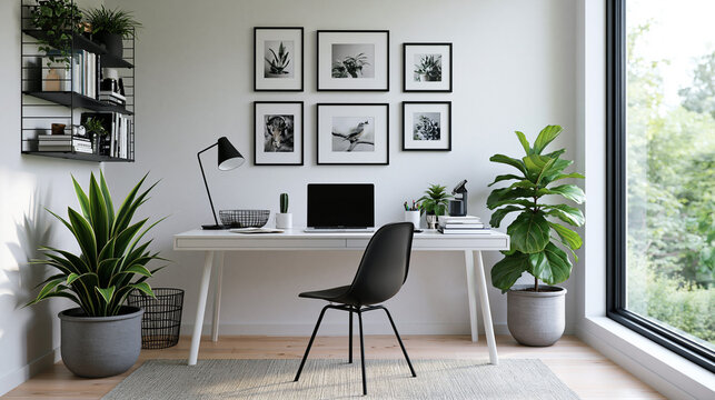 Modern Scandinavian Home Office Workspace with Laptop and Plants