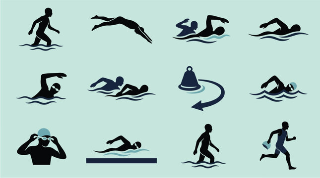 Swimming icons set and athlete in water for sport, fitness and professional training. Swimmer, competition and pool with activity, health and triathlon for leisure, summer and aquatic recreation.