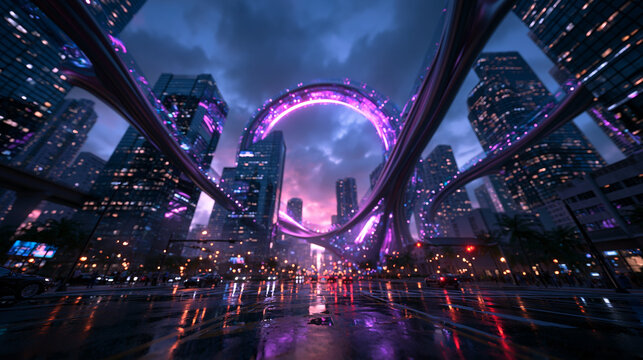 Futuristic Cyberpunk City with Glowing Ring Architecture at Night