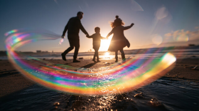 Silhouette of Family Playing on Beach at Sunset