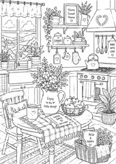 Fototapeta premium Cozy Country Kitchen with Flowers, Shelves and Cooking Utensils – Home, Baking and Cottage Lifestyle Coloring Page
