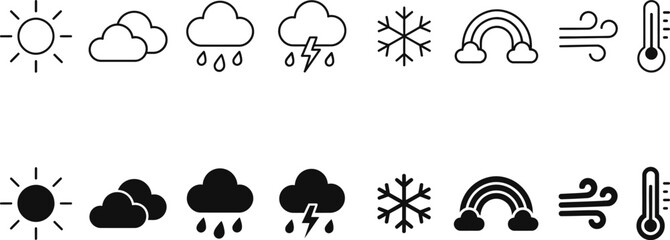 Fototapeta premium Weather forecast meteorology symbols in linear and solid styles for climate news app graphics.