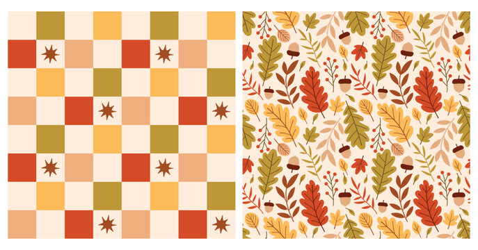 Seamless autumn patterns with colorful leaves, acorn and berries. Design for seasonal decoration or textile prints.