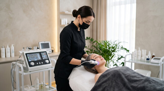 Professional esthetician using a dermastamp on a client during a skin rejuvenation treatment in an aesthetic clinic, offering botox, mesotherapy, hydra facial, massage, and peeling services.