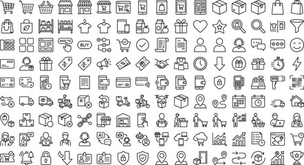 Obraz premium Ecommerce and online shopping line icon collection featuring retail products, payment, delivery, customers, marketing, business services and digital commerce