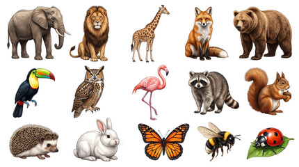 Fototapeta premium Realistic animal illustrations set, 15 wildlife and insect icons on white background, nature education graphics