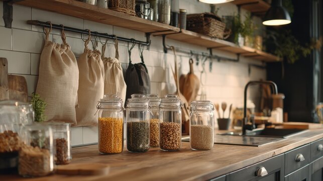 Kitchen Pantry Organization. A well-organized kitchen counter with glass jars filled with grains and legumes, and fabric bags hanging on a rack
