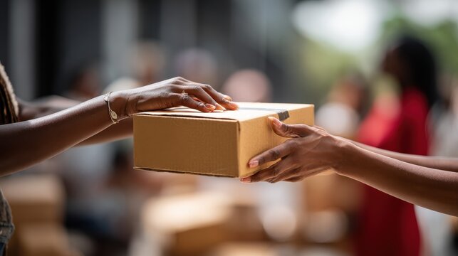 Hands exchanging a cardboard package, symbolizing delivery and logistics services. Two people's hands are shown passing a brown cardboard box, representing the transfer of goods and services
