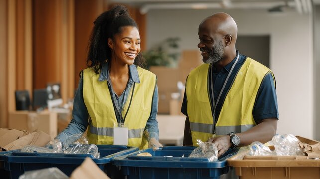 Smiling workers in high-visibility vests sort recyclable materials in bins. Couple wearing safety vests are actively engaged in sorting plastic bottles paper waste into designated recycling containers