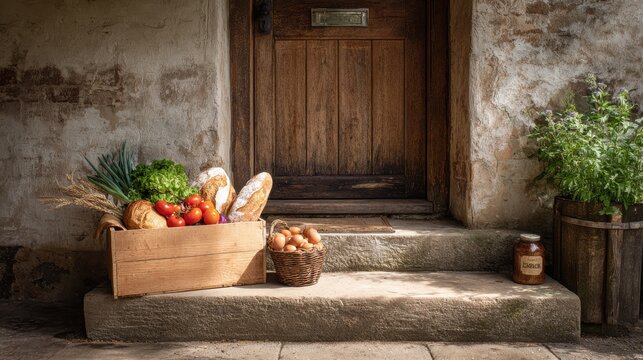 Fresh groceries delivered to your doorstep, bounty of farm-fresh produce awaits. Wooden crate filled fresh vegetables, bread, tomatoes sits on stone steps rustic wooden door, home delivery services