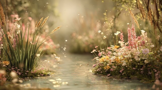 Enchanting Meadow Stream. A gentle stream flows through a sun-dappled meadow filled with delicate wildflowers and tall grasses