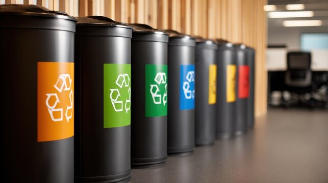 Recycling bins color-coded labels for waste sorting in office. Multiple black waste receptacles are lined up, each marked different colored label recycling symbol to encourage proper waste separation