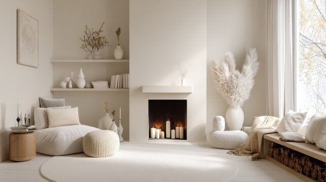 Cozy Neutral Living Room. A serene and minimalist living room interior with a fireplace, plush seating, and natural light creating a warm and inviting atmosphere