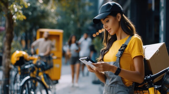 Delivery person checking route on device with package on bicycle. A young woman in uniform with a cap and a backpack checks her mobile device while standing next to her bicycle with a package
