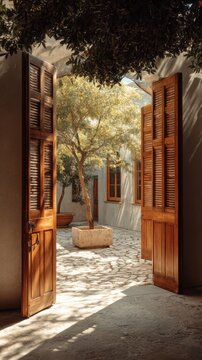 Open Wooden Doors Courtyard. Sunlight streams through open wooden doors revealing a tranquil courtyard with a potted tree and stone paving