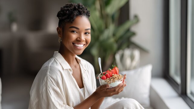Woman Enjoying Healthy Breakfast. A smiling woman with dark curly hair holds a bowl of yogurt, granola, and strawberries, enjoying a healthy meal by the window