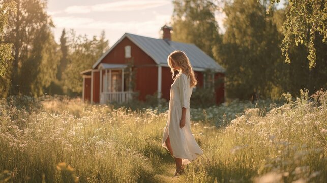 Woman in White Dress at Sunset. A young woman in a flowing white dress stands in a sun-drenched meadow near a rustic red cottage