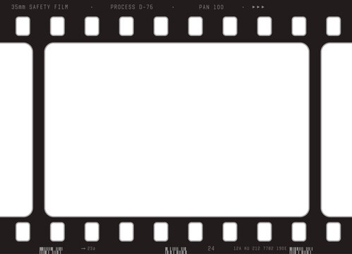 Realistic 35mm film strip frame vector overlay with transparent background, film edge markings, and realistic perforations for photo and video. Real size and dimensions frame 35 mm.