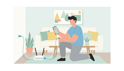 Fototapeta premium Man kneeling on rug attempts to troubleshoot internet router connection by using mobile phone application in modern living room setting.