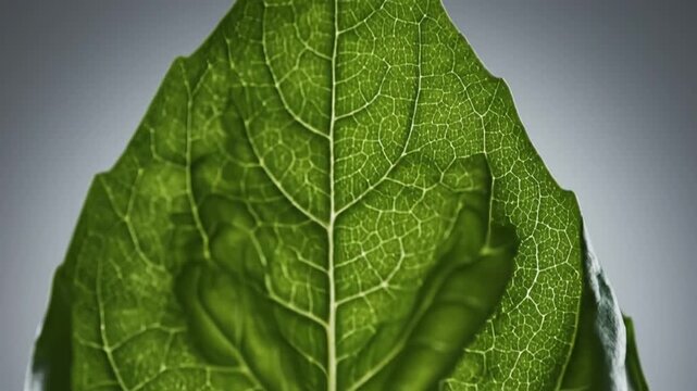 A macro video showing a slow zoom out from the center of a lush green leaf, highlighting its intricate vein pattern and vibrant texture against a clean, soft-lit background.