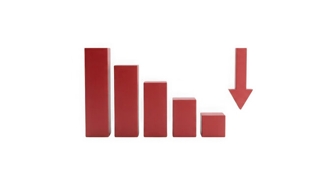 Red decreasing bar graph showing business loss and downward financial trend with arrow on transparent background
