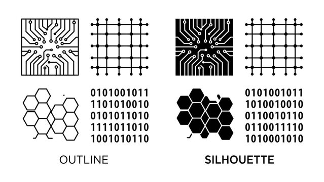 Digital Transformation Icons: A set of graphic icons illustrating digital transformation, featuring circuit board patterns, grid structures, honeycomb designs, and binary code.