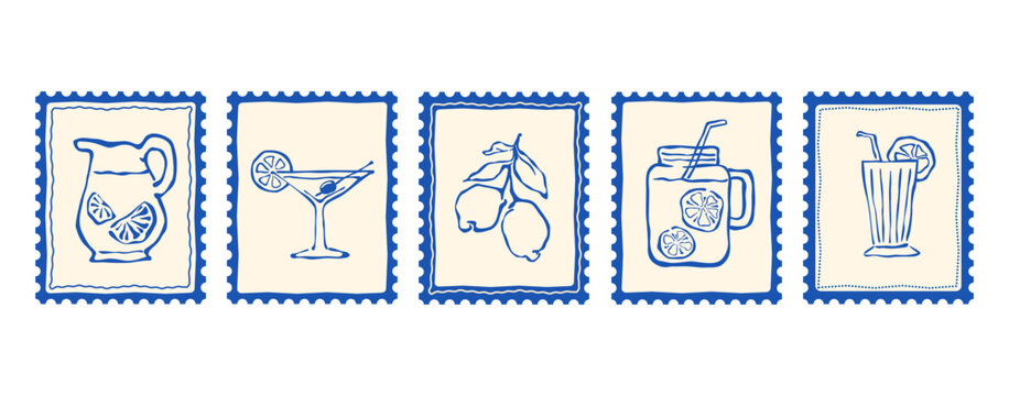 Set of stamp frames postcard and postage edge ticket with glass, lemon, lemonade. Vector postal shape. Zigzag photo badge with post mail paper and template border card. Square design stamp