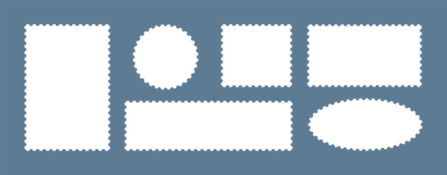 Set of stamp frames postcard and postage edge ticket. Vector postal shape. Zigzag photo badge with post mail paper and template border card. Square, oval, circle, rectangle design stamp