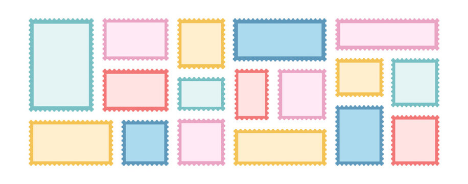 Set of stamp frames postcard and postage edge ticket. Vector postal shape. Zigzag photo badge with post mail paper and template border card. Square design stamp