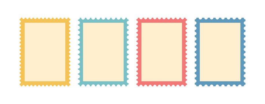 Set of stamp frames postcard and postage edge ticket. Vector postal shape. Zigzag photo badge with post mail paper and template border card. Square design stamp