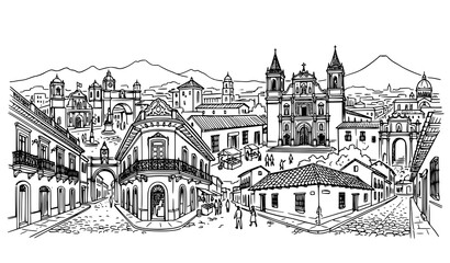 Naklejka premium Guatemala Beautiful Places Unusual Architecture Cityscape Hand Drawn Line Vector Illustration