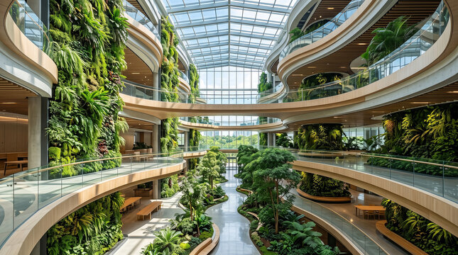 Futuristic sustainable corporate building interior with vertical garden. Eco-friendly green architecture and environmental business concept.