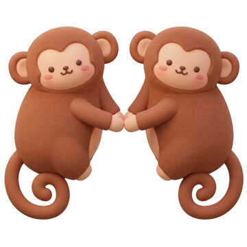 Two adorable cartoon monkeys holding hands with happy, innocent expressions. These cute, brown creatures are depicted in playful, cheerful manner, conveying joy and friendship
