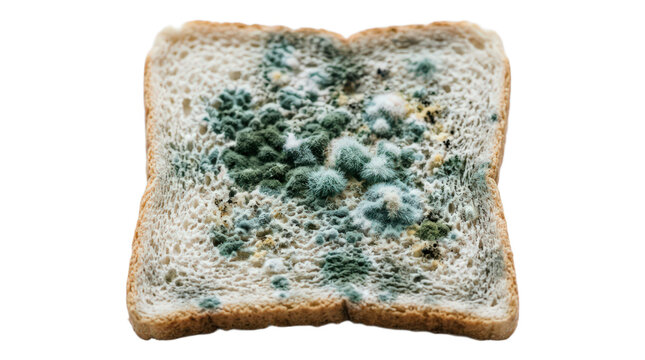 Single slice of white bread covered in green mold isolated on transparent background