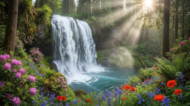 Stunning scenic waterfall cascading into a crystal clear forest pond surrounded by vibrant colorful spring flowers and towering pine trees